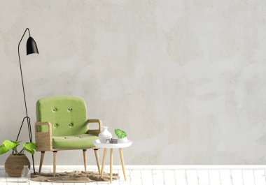 Modern iç kahve masa ve sandalye. Duvar kadar sahte. 3D çizim.