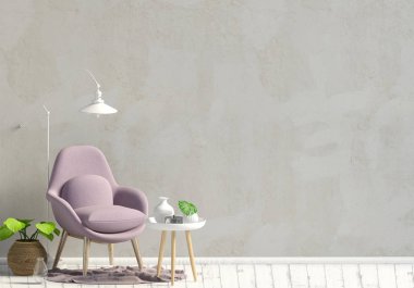 Modern iç kahve masa ve sandalye. Duvar kadar sahte. 3D çizim.