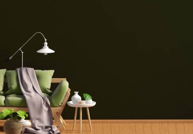 Modern iç, İskandinav tarzı. 3D çizim. Duvar kadar sahte