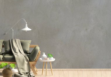 Modern iç, İskandinav tarzı. 3D çizim. Duvar kadar sahte