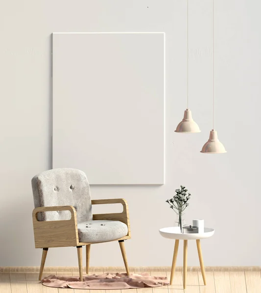 Modern iç, İskandinav tarzı. 3D çizim. Poster kadar sahte