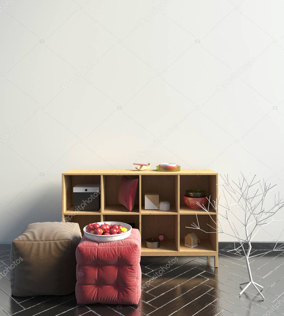 Modern  interior, Scandinavian style. 3D illustration. Wall mock up