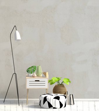 Sehpa ve puf modern iç. Duvar kadar sahte. 3D çizim.