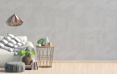 Modern iç, İskandinav tarzı. 3D çizim. Duvar kadar sahte