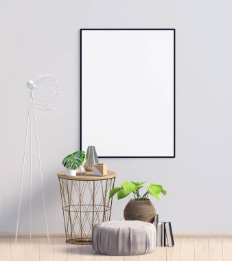 Sehpa ve puf modern iç. Poster kadar sahte. 3D çizim.