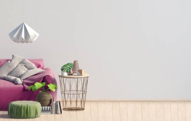 Modern iç, İskandinav tarzı. 3D çizim. Duvar kadar sahte