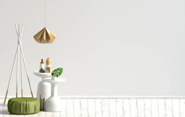 Sehpa ve puf modern iç. Duvar kadar sahte. 3D çizim.