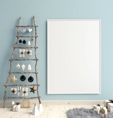 Modern minimalist Noel iç, İskandinav tarzı. 3D çizim. Poster kadar sahte