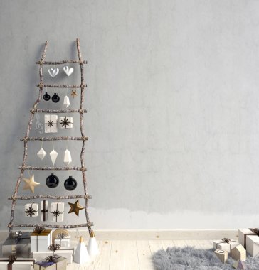 Modern minimalist Noel iç, İskandinav tarzı. 3D çizim. duvar kadar sahte