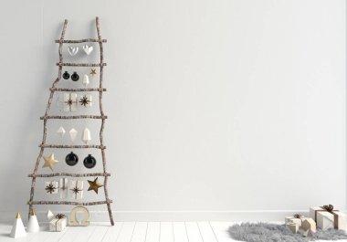Modern minimalist Noel iç, İskandinav tarzı. 3D çizim. duvar kadar sahte
