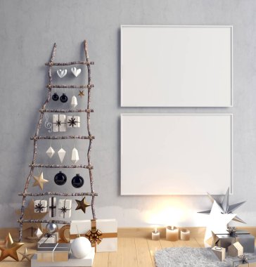 Modern minimalist Noel iç, İskandinav tarzı. 3D çizim. Poster kadar sahte