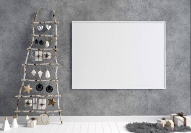 Modern minimalist Noel iç, İskandinav tarzı. 3D çizim. Poster kadar sahte