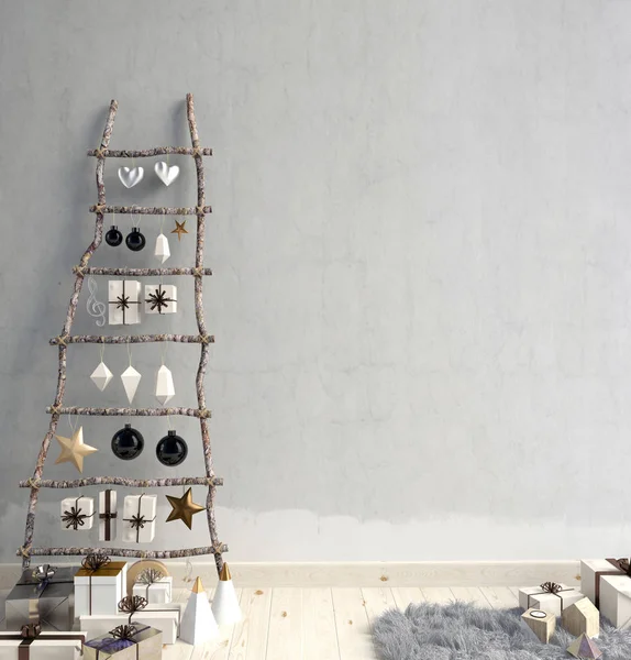 Moderní Minimalistický Vánoční Interiér Skandinávský Styl Obrázek Zeď Mock — Stock fotografie