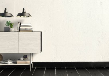 İskandinav tarzı modern iç mekan tasarımları. Duvar kadar alay et. 3D çizim.