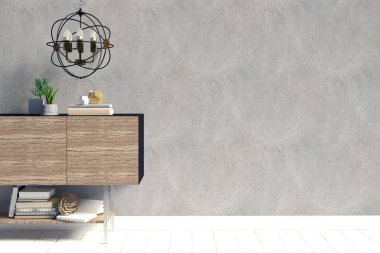 İskandinav tarzı modern iç mekan tasarımları. Duvar kadar alay et. 3D çizim.