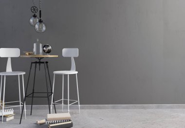 Çatı bar iç, yemek alanı ve bir lamba oluşan. Duvar mockup. 3D çizim