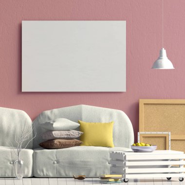 Sehpa ve Kanepeli modern iç. Poster kadar sahte. 3D çizim.