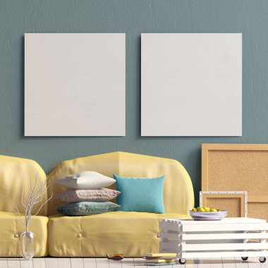 Sehpa ve Kanepeli modern iç. Poster kadar sahte. 3D çizim.