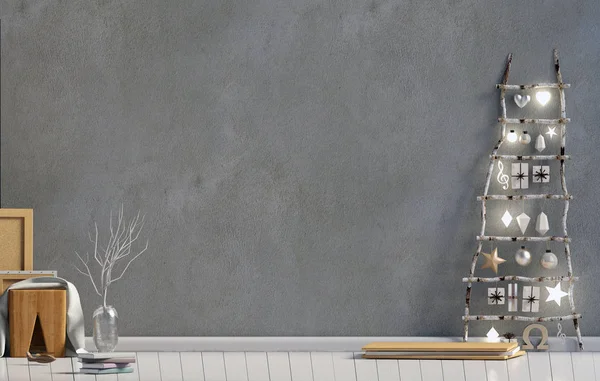 Modern minimalist Noel iç, İskandinav tarzı. 3D çizim. duvar kadar sahte