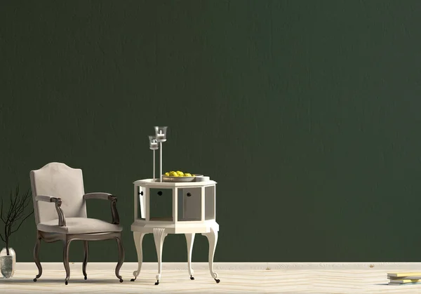 Classic interior with coffee table and chair. Wall mock up. 3d illustration.
