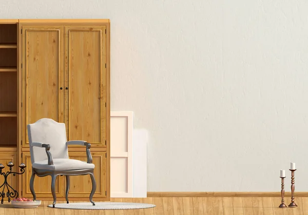 Classic interior with wardrobe and chair. Wall mock up. 3d illustration.