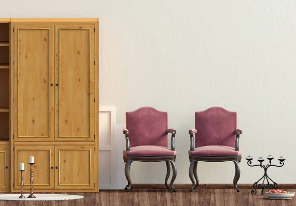 Classic interior with wardrobe and chair. Wall mock up. 3d illustration.