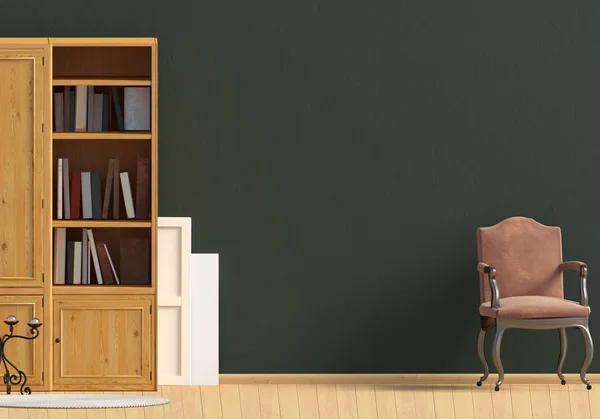 Classic interior with bookcase and chair. Wall mock up. 3d illustration.