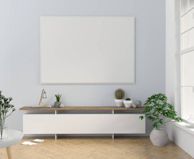 Modern iç mekan tasarımları İskandinav tarzı pencereler ile. Poster alay. 3D çizim.