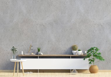 İskandinav tarzı modern iç mekan tasarımları. Duvar kadar alay et. 3D çizim.