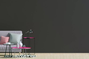 Kanepeli modern iç mekan. Duvar modeli. 3d illüstrasyon.