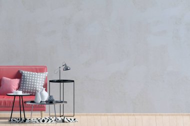 Kanepeli modern iç mekan. Duvar modeli. 3d illüstrasyon.