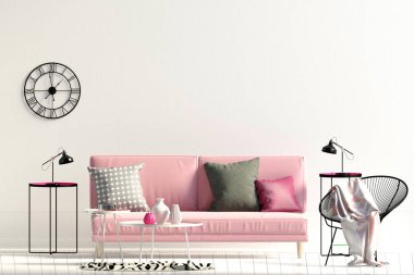 Kanepeli modern iç mekan. Duvar modeli. 3d illüstrasyon.