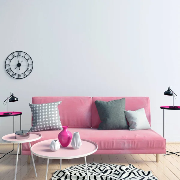 Modern interior with sofa. Wall mock up. 3d illustration.