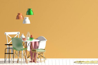 Yemek odasının iç tarafındaki duvarı düzenle. Modern tarzda oturma odası. 3d illüstrasyon