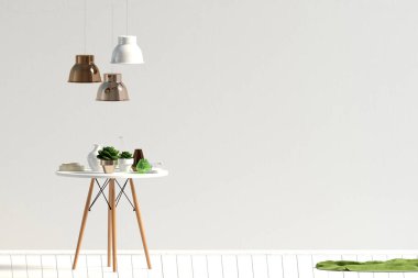 Yemek odasının iç tarafındaki duvarı düzenle. Modern tarzda oturma odası. 3d illüstrasyon