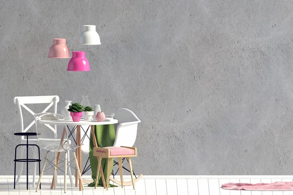 Yemek odasının iç tarafındaki duvarı düzenle. Modern tarzda oturma odası. 3d illüstrasyon