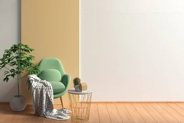Modern iç çağdaş sandalye ile. Duvar kadar sahte. 3D çizim.