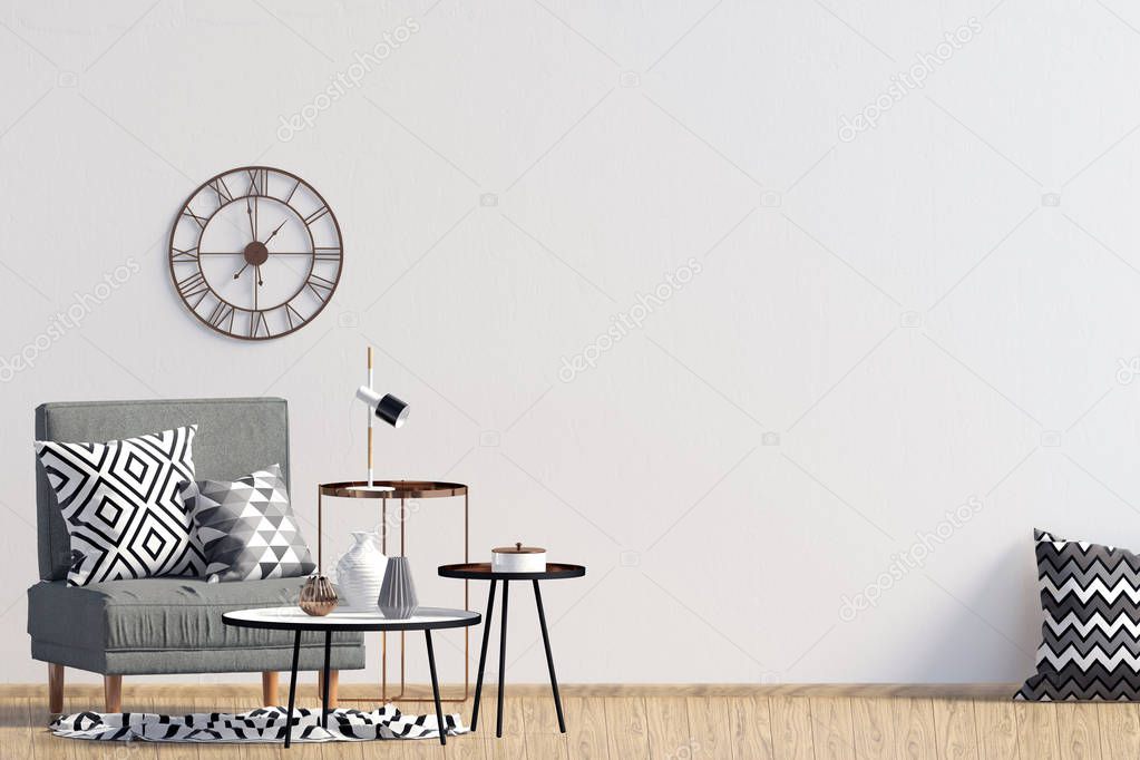 Modern interior with chair. Wall mock up. 3d illustration.