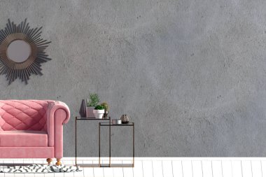 Modern iç kahve masa ve sandalye. Duvar kadar sahte. 3D çizim.