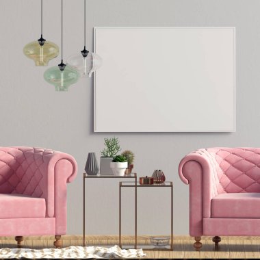 Modern iç kahve masa ve sandalye. Poster kadar sahte. 3D çizim.