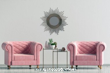 Modern iç kahve masa ve sandalye. Duvar kadar sahte. 3D çizim.