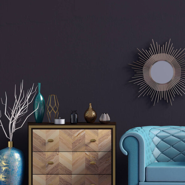 Modern interior with dresser and chair. Wall mock up. 3d illustration.