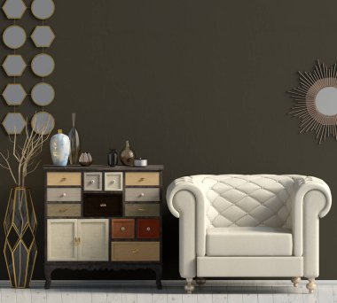 Modern iç şifoniyer ve sandalye ile. Duvar kadar sahte. 3D çizim.
