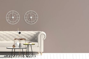 Kanepeli modern iç mekan. Duvar modeli. 3d illüstrasyon.