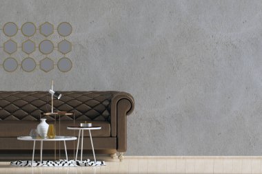 Kanepeli modern iç mekan. Duvar modeli. 3d illüstrasyon.