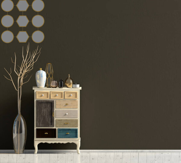 Современный интерьер с комодом. Стена макетирует. 3d иллюстрация.