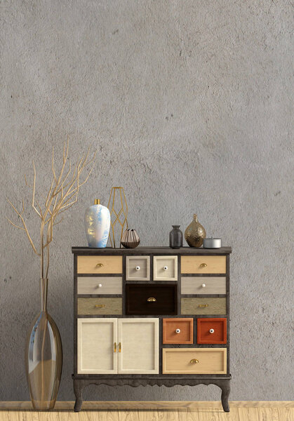 Современный интерьер с комодом. Стена макетирует. 3d иллюстрация.