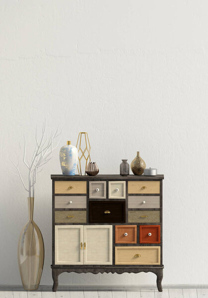 Современный интерьер с комодом. Стена макетирует. 3d иллюстрация.