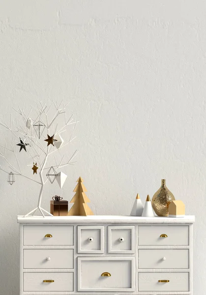 Şifoniyer, İskandinav tarzı ile modern Noel iç. Duvar kadar sahte. 3D çizim