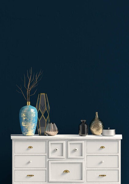 Современный интерьер с комодом. Стена макетирует. 3d иллюстрация.